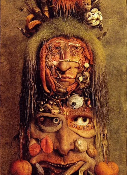 Prompt: a surreal painting of a shaman's face, by Giuseppe Arcimboldo, voodoo, Hieronymus Bosch, symbolist, soft colors, dramatic lighting, smooth, sharp focus, extremely detailed, aesthetically pleasing composition