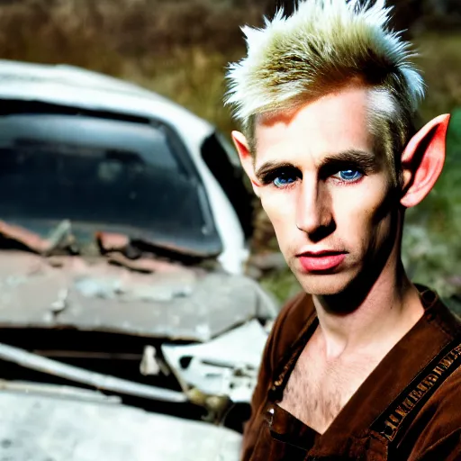 Image similar to close up headshot of a skinny high-fantasy elf with a long face narrow chin and spiky blonde hair wearing dark brown overalls and holding a bomb next to a destroyed car, gel spiked blond hair, small ears, high resolution film still, HDR color