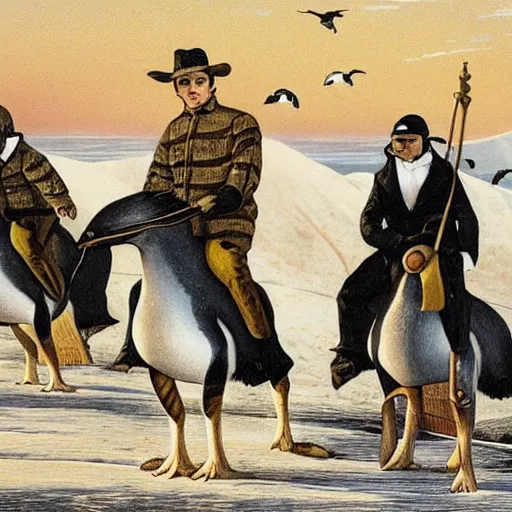 Image similar to penguin that is riding a horse, the penguin rides a horse, horse that is being ridden by a penguin, horse