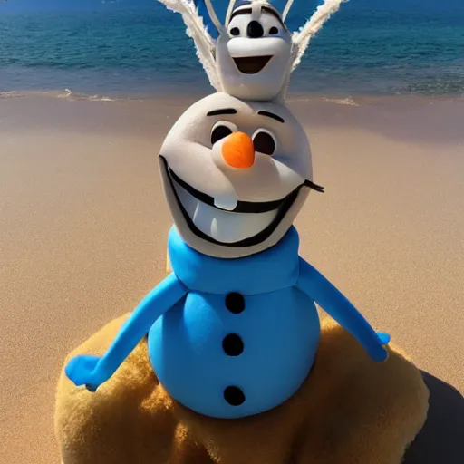 Prompt: olaf from frozen is sitting on a sunny beach