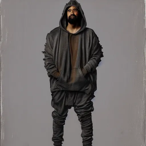 Image similar to a full body portrait of modern day jesus wearing yeezus streetwear hoodie and pants by nicola samori, oil painting, realistic, 8 k, kanye style