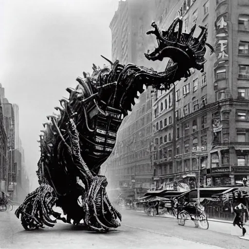 Image similar to old black and white photo, 1 9 1 3, depicting a giant biomechanical alien monster kaiju robot rampaging through the bustling streets of new york city, historical record