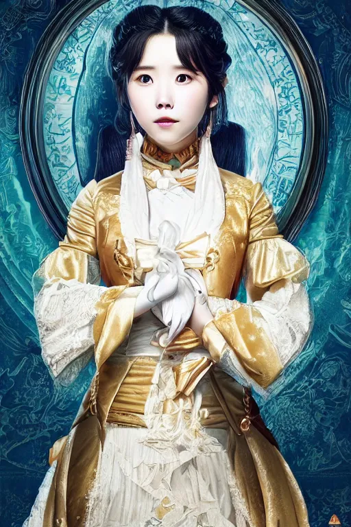 Image similar to Portrait of a Beautiful IU from Hotel del Luna as a ninja, unreal engine, detailed face, rule of thirds, captivating and enticing, , by James Jean