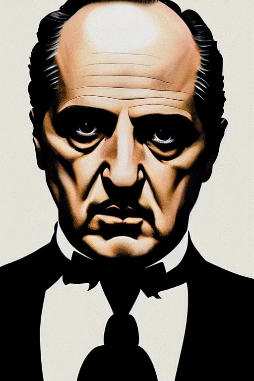 Image similar to clear portrait of the godfather from the movie, cottagecore!!, mafia background hyper detailed, character concept, full body, dynamic pose, intricate, criminal appearance, highly detailed, digital painting, artstation, concept art, smooth, sharp focus, illustration, art by artgerm and greg rutkowski and alphonse mucha