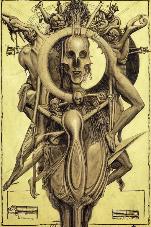 Image similar to occult diagram of the trumpet of spirit conversation in the style of wayne barlowe, gustav moreau, goward,  Gaston Bussiere and roberto ferri, composition by austin osman spare