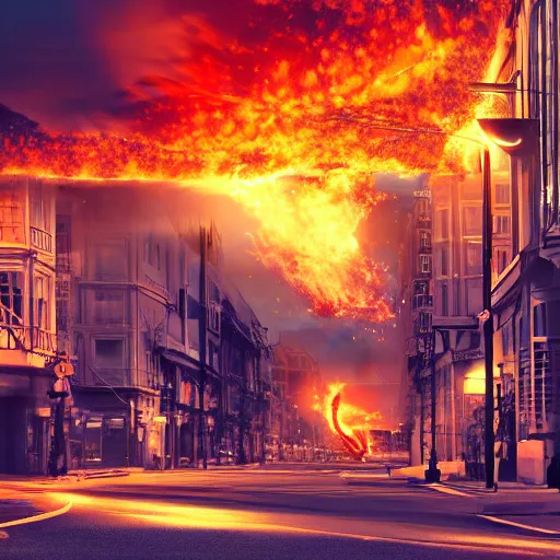 Image similar to Exploding fiery street lights in a city landscape, with burning buildings, glowing embers, photorealistic, 8K