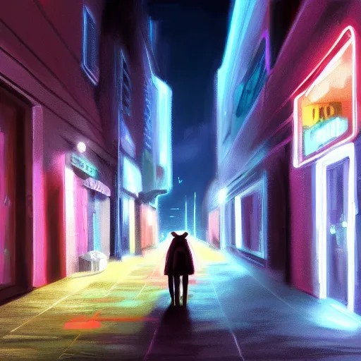 Image similar to stray dog sits alone in a dark alleyway at night with neon city lights glowing in the distance, 4 k, digital painting, photorealism, lighting study