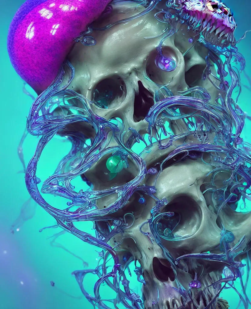 Image similar to close-up portrait of skull dichroic orchid jellyfish skull, betta fish, bioluminiscent creatures, intricate artwork by Tooth Wu and wlop and beeple. octane render, trending on artstation, greg rutkowski very coherent symmetrical artwork. cinematic, hyper realism, high detail, octane render, 8k