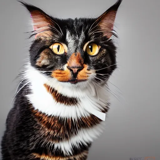 Image similar to very cute huge calico main coon towers over shorthair domestic cat in office, portrait, pixar style, cinematic lighting, award winning creature portrait photography