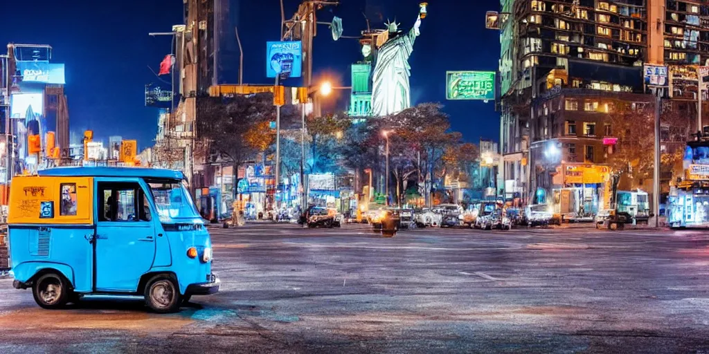 Prompt: a lonely blue tuk tuk with the statue of liberty in the background, night, full color