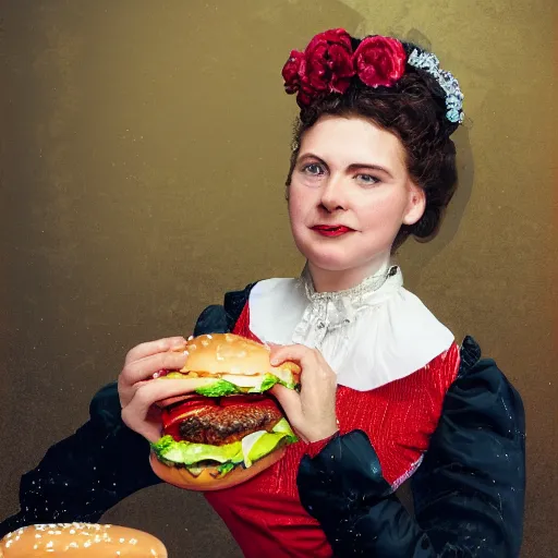 Prompt: victorian lady eating a burger, full body, intrincate, red and white, glitter, depth of field, 8k, hyper detailed, trending on artstation