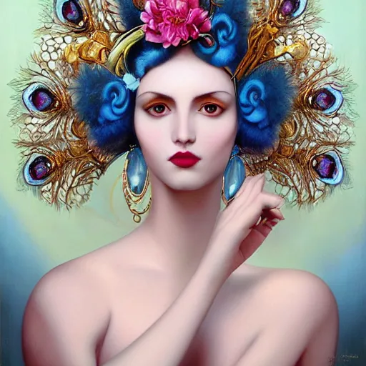 Prompt: a painting of a blue skinned woman with hair of flowers and peacock plummage wearing ornate earrings, a surrealist painting by tom bagshaw and jacek yerga and tamara de lempicka and jesse king, featured on cgsociety, pop surrealism, surrealist, dramatic lighting, wiccan, pre - raphaelite, ornate gilded details