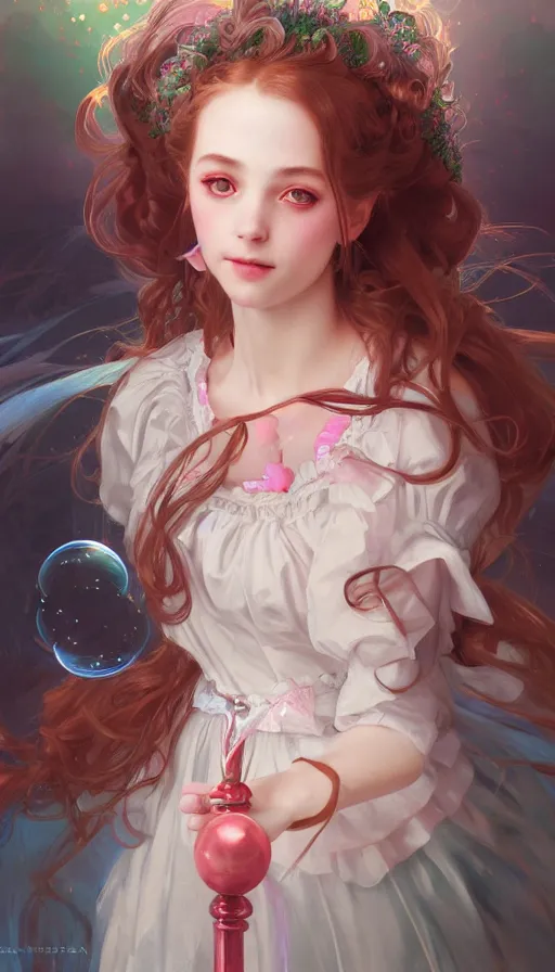 Image similar to portrait of magical lolita girl, dreamy and ethereal, RED eyes, peaceful expression, ornate frilly dress, fantasy, intricate, elegant, rainbow bubbles, highly detailed, digital painting, artstation, concept art, smooth, sharp focus, illustration, art by artgerm and greg rutkowski and alphonse mucha