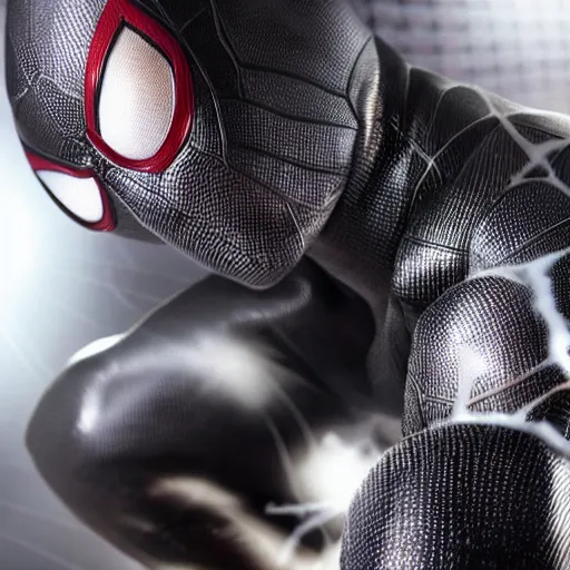 Image similar to black spider - man suit with white web lining, cinematic, volumetric lighting, realistic, hyperdetailed, photorealistic, photograph