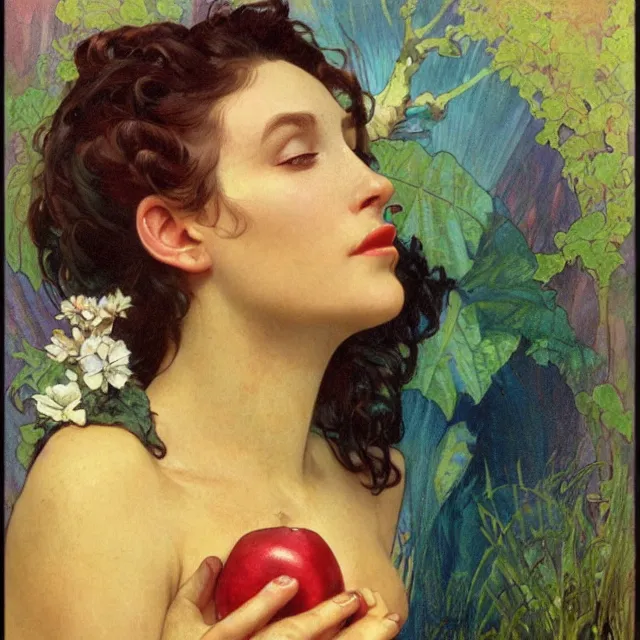 Image similar to an aesthetic! detailed close - up portrait of an aesthetic woman crying mournfully while holding an apple, by frank frazetta and alphonse mucha, oil on canvas, bright colors, art nouveau, epic composition, dungeons and dragons fantasy art, hd, god - rays, ray - tracing, crisp contour - lines, huhd - 8 k