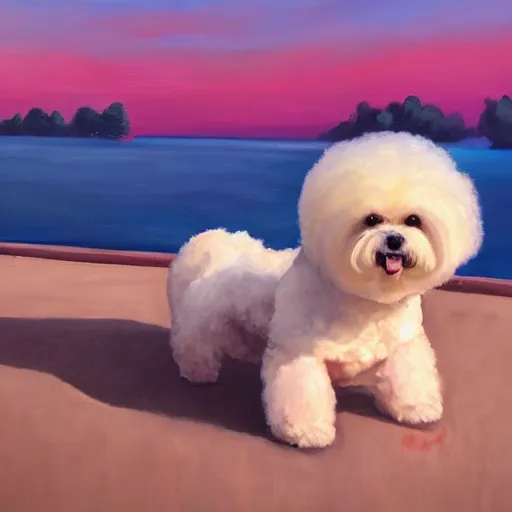 Image similar to a photorealistic oil painting of cute bichon frise eating tacos during sunset Trending on Artstation, featured on Behance, well-rendered, Unreal Engine, 4K HD