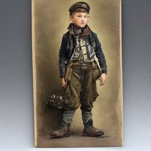 Image similar to (((((portrait of boy dressed as Dieselpunk explorer in an actionpose . muted colors.))))) by Jean-Baptiste Monge !!!!!!!!!!!!!!!!!!!!!!!!!!!