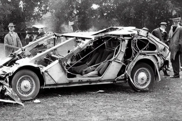 Prompt: car crash 1 9 2 2 delorean