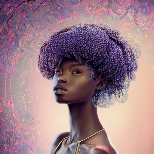 Image similar to the portrait of a blackberry that resembles an absurdly beautiful, graceful, elegant, sophisticated african girl, an ultrafine hyperdetailed illustration by kim jung gi, irakli nadar, intricate linework, bright colors, octopath traveler, final fantasy, unreal engine 5 highly rendered, global illumination, radiant light, detailed and intricate environment,