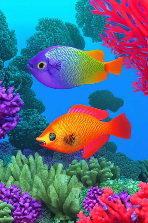 Prompt: a beautiful and colorful fish transparent swimming through a coral in the ocean, render in cinema 4 d