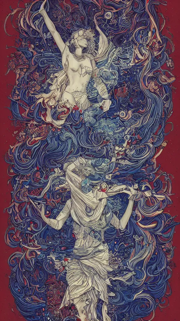 Prompt: french cannabis world, trychome crystals, ethereal atmosphere la liberté guidant le peuple, detailed linework, red white and blue colours, cinematic, psychedelic, black paper, ornate, tarot card, highly detailed, ink illustration, style of peter mohrbacher, golden ratio, 8k