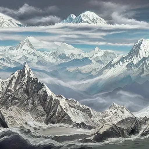 Image similar to catastrophic illustration of the end of planet earth due to air pollution even high up in the Himalayan mountains, extremely detailed, pure art