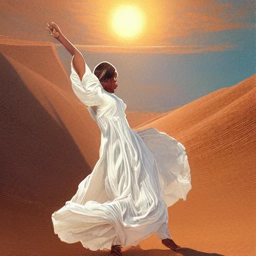Image similar to artstation concept of a beautiful girl dancing in the desert, brown skin, sweaty skin, symmetrical face, casual white garment, white desert background, shiny colorful, hyperdetailed, artstation trending, world renowned artists, worth1000.com, historic artworks society, antique renewal, cgsociety, by greg rutkowski, by Gustave Doré, Deviantart