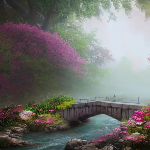 Image similar to matte painting of an old mason bridge decorated with flowers alongside above a small river stream, realistic, 4 k, artstation, dreamy, fog, volumetric lighting