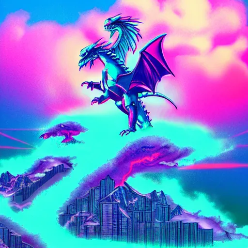 Prompt: aesthetic synthwave dragon on a mountain between the clouds