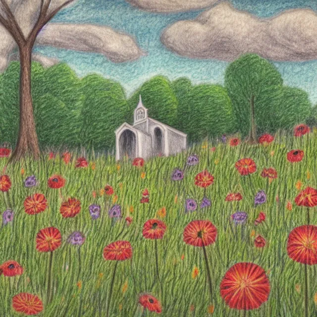 Image similar to graveyard with a church in a forest flower meadow landscape, colored pencil drawing