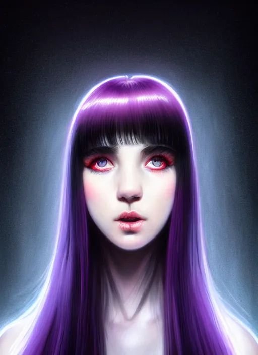 Image similar to portrait of teenage girl with white bangs, red irises, black hair, purple clothes, white bangs, bangs are different color from hair, intricate, front of hair is white rest is black, elegant, glowing lights, highly detailed, digital painting, artstation, concept art, smooth, sharp focus, illustration, art by wlop, mars ravelo and greg rutkowski