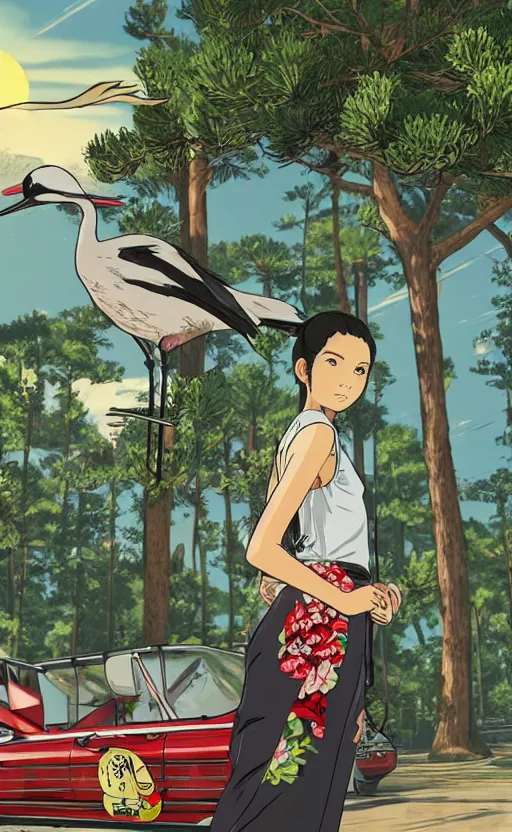 Image similar to gta5, by studio ghibli, girl next to a japanese crane bird in japanese pines, trading card front, kimono, realistic anatomy, concept art, eiichiro oda style, sun in the background