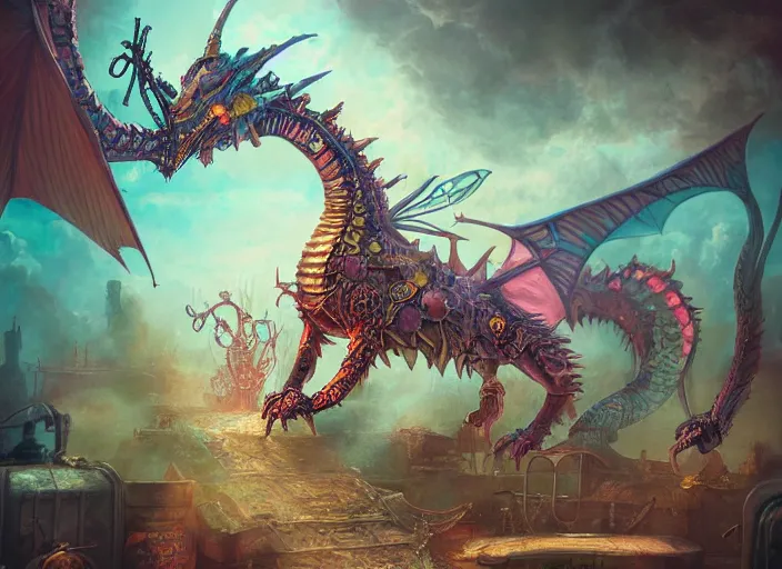 Image similar to detailed concept art illustration colorful pastel painting of a steampunk dragon in full intricate detail, ultra detailed, digital art, octane render, 4K, dystopian, micro details