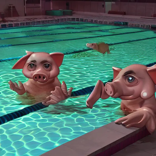 Prompt: photo, two old men fight pig mutants 5 3 8 2 8 inside a swimming pool, highly detailed, scary, volumetric lighting, front view