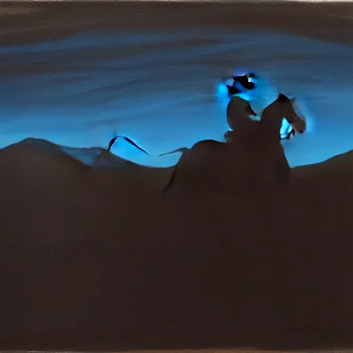 Prompt: a painting of a silhouette of a cowboy riding a horse into the dark horizon, high contrast, black and blue color scheme, dark, creepy, night, far away, in the distance