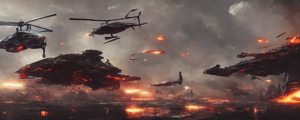 Image similar to a futuristic cyberpunk helicopter in war scene, epic scene, big explosion, by greg rutkowski