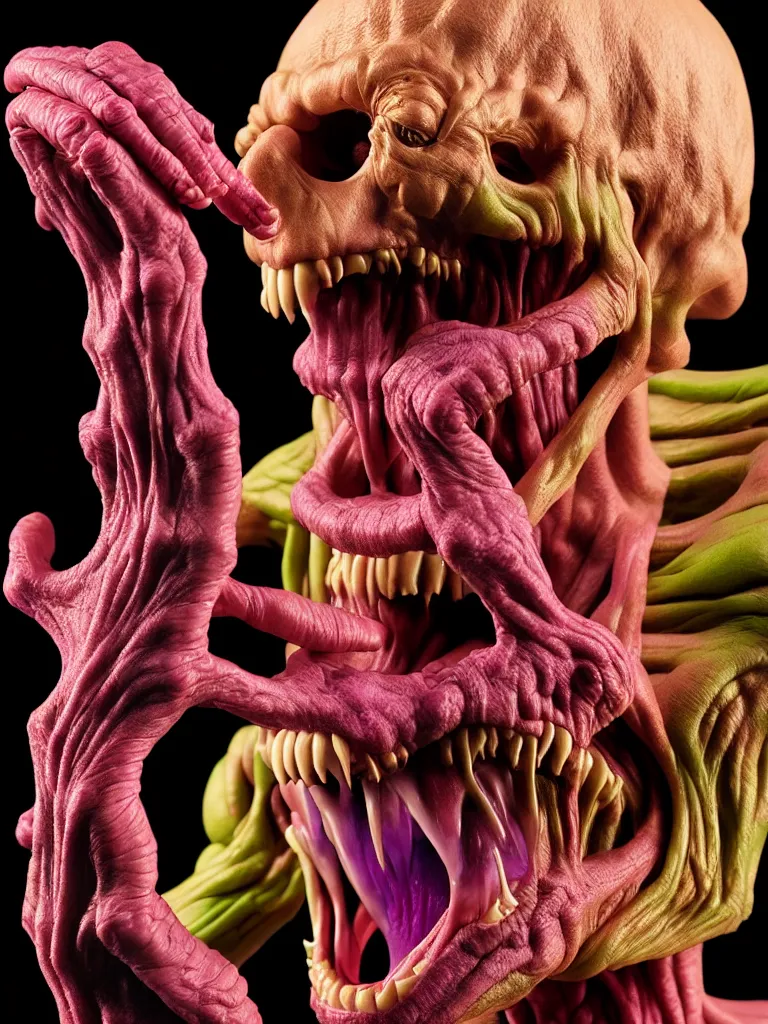 Image similar to hyperrealistic rendering, cronenberg flesh monster skeletor by art of skinner and richard corben and jeff easley, product photography, action figure, sofubi, studio lighting, colored gels