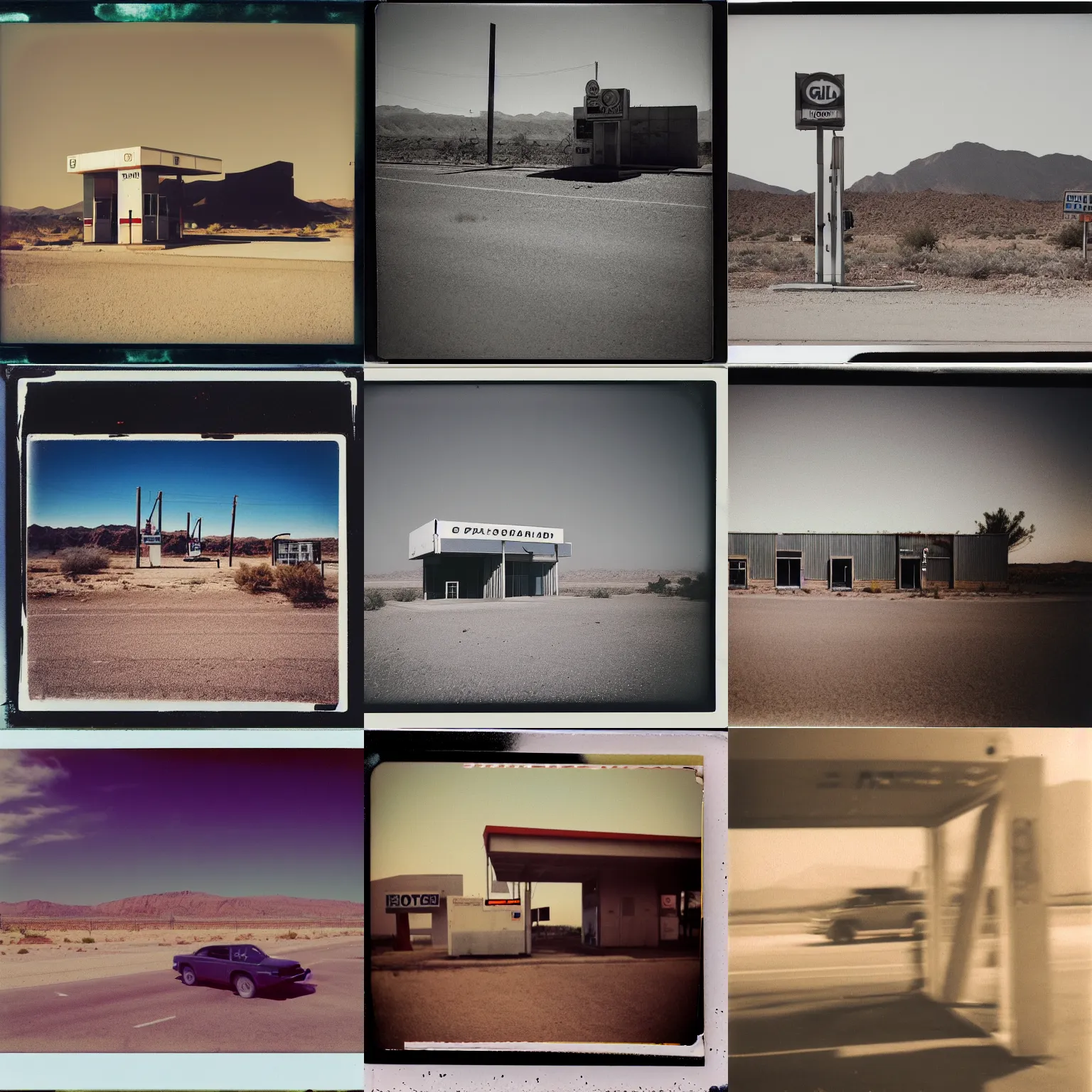 Prompt: polaroid photograph, travel photography, driving past an abandoned gas station in the desert, motion blur