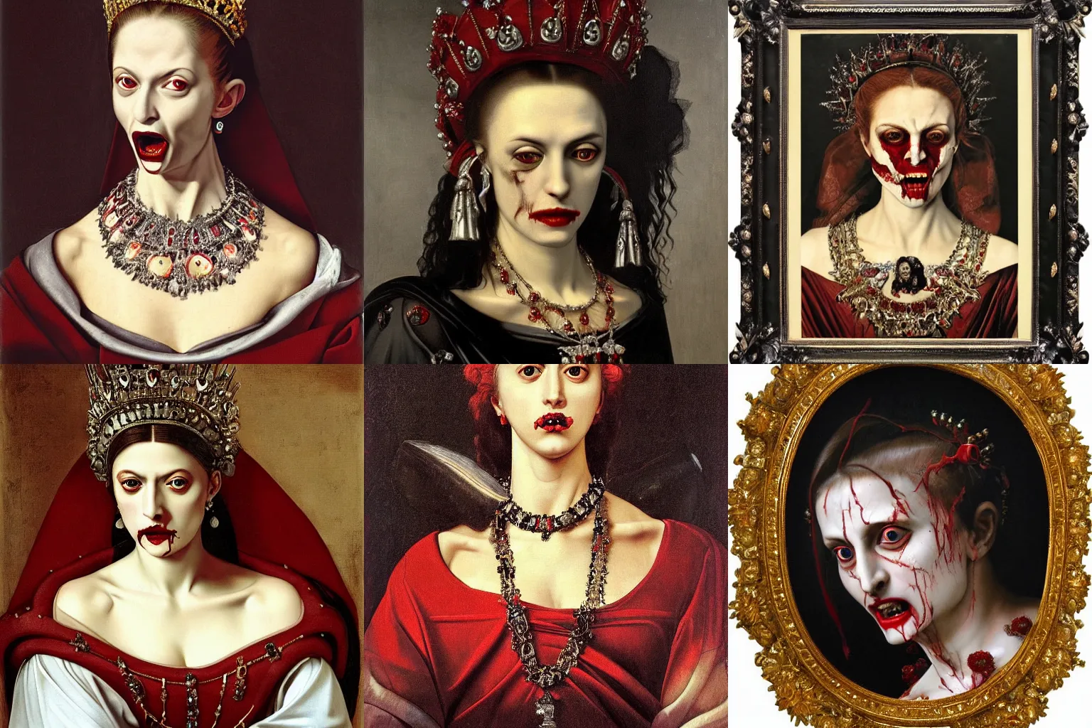 Image similar to A extremely highly detailed majestic hi-res beautiful immaculate head and shoulders painting of a angry, bloody vampire woman with fangs, filled with hatred and rage, crying tears of red blood wearing a long royal red silk dress, the crown jewels is on her head and around her neck is a ornate golden necklace decorated with diamonds and rupees smiling by Michelangelo Merisi da Caravaggio, high detail, hyperrealistic, photorealistic, octante render, cinematic, high textures, royaltly, royal, hyper sharp, 4k insanely detailed and intricate, hypermaximalist, 8k, hyper realistic, super detailed, 4k HDR hyper realistic high,