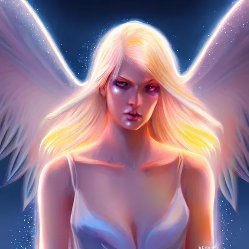 Image similar to Winged girl angel with blonde hair and glowing halo, iridescent, seraphim, fantasy, intricate, elegant, highly detailed, digital painting, artstation, concept art, smooth, sharp focus, illustration, art by PHAZED