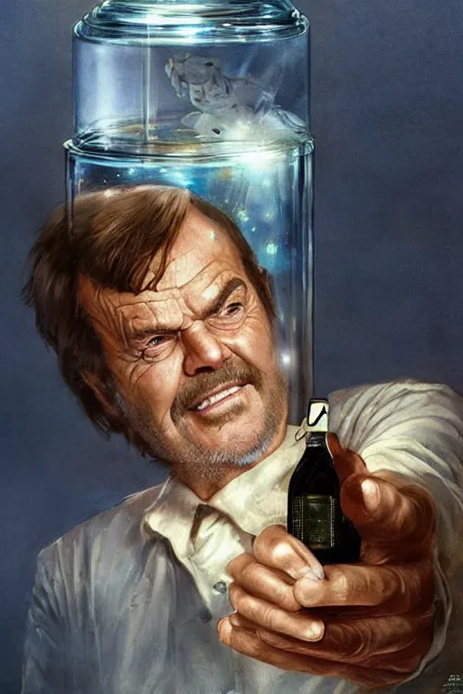 Image similar to a ship in a bottle but instead of a ship it is jack nicholson in the bottle, painting by artgerm, greg rutkowski, edgar maxence, norman rockwell, tom bagshaw