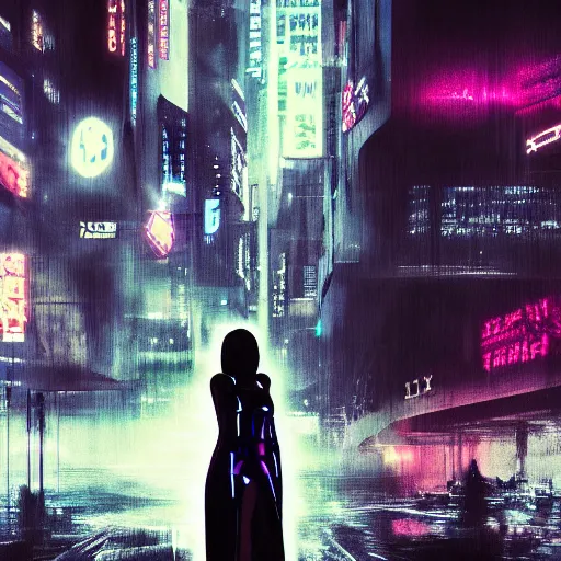 Image similar to high fashion poster clothing design photographic, majiec kuciara, cyberpunk blade runner, volumetric light, floodlight, ambient, street, dark, neon lights, artstation, high contrast, 4 k detailed