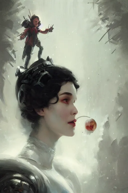 Prompt: snow white, robopunk, oil painting, darkness, paint texture, digital painting, highly detailed, artstation, sharp focus, illustration, concept art, ruan jia, charlie bowater, tom bagshaw, norman rockwell