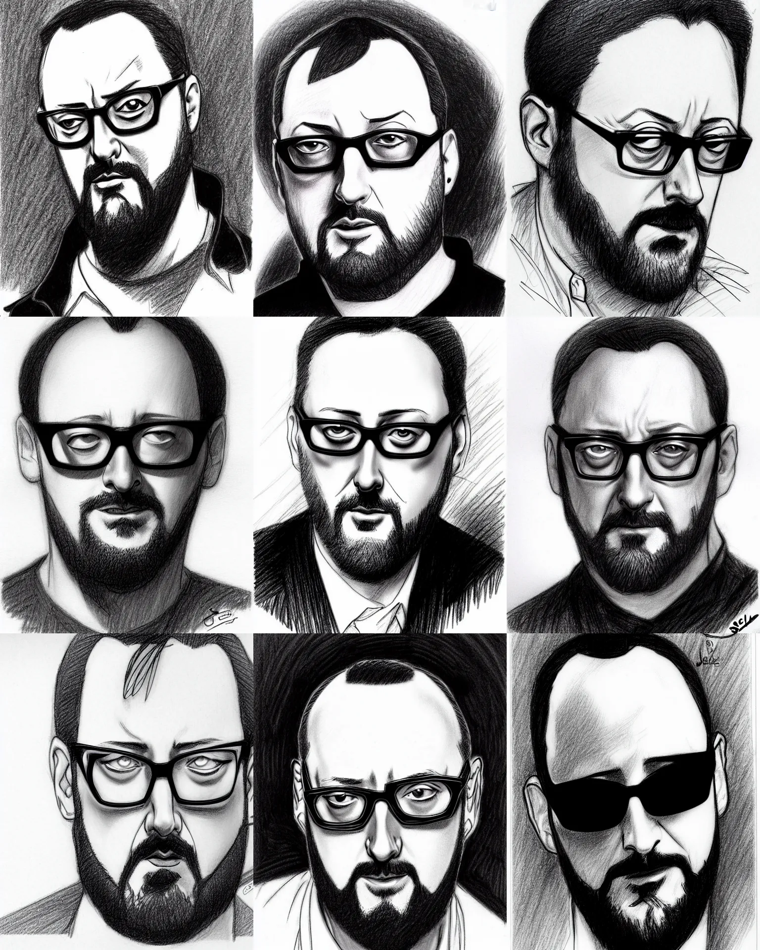 Prompt: j scott campbell!!! pencil sketch by j scott campbell close up headshot of jean reno in black dark windsor round glasses in the style of jim lee