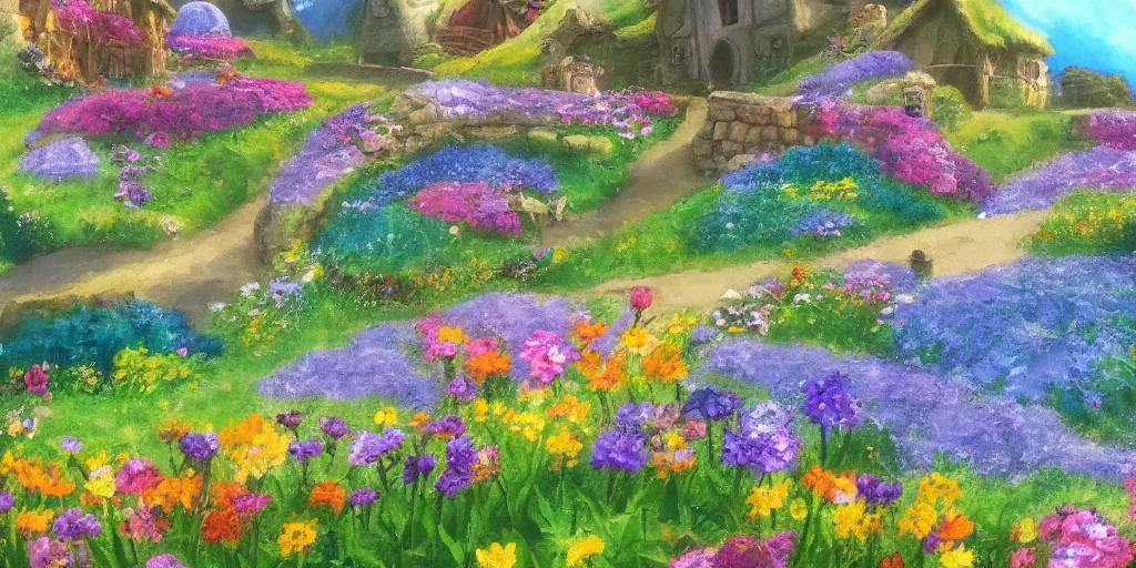 Prompt: a still of a background from howl's moving castle!!!!! of hobbiton, light bloom, flowers