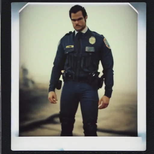 Prompt: Polaroid image of Henry Cavill as cop