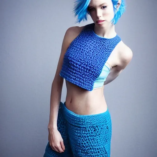 Prompt: “photo of Caucasian female model with blue hair wearing a crocheted crop top”