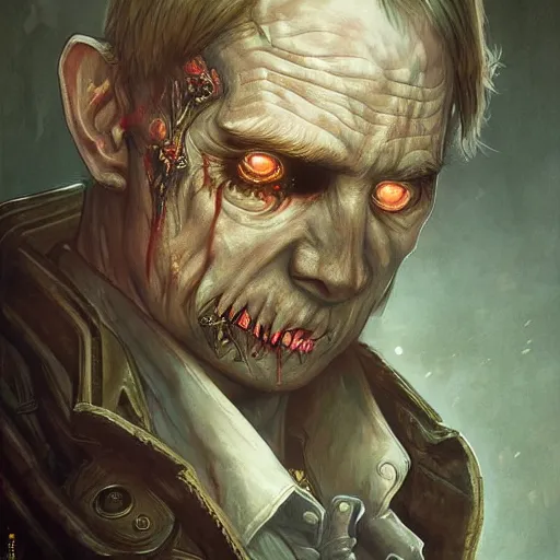 Image similar to zombie Putin in Kremlin, fantasy, intricate, highly detailed, digital painting, artstation, concept art, smooth, sharp focus, illustration, art by artgerm and greg rutkowski and alphonse mucha