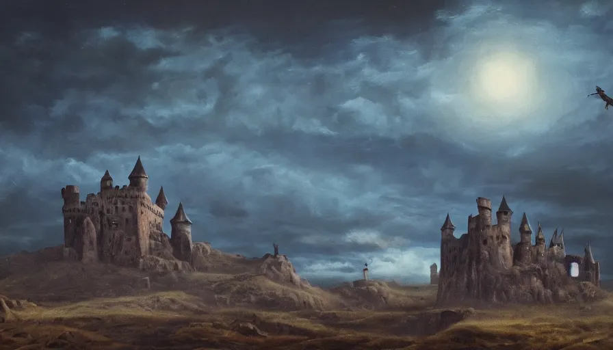 Prompt: Desolate landscape with menacing castle atop dark hill, cosmic beast flies overhead, oil painting, hyperrealistic, moonlit cinematic lighting