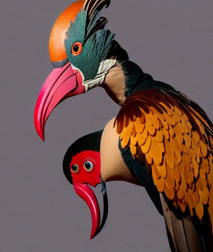 Image similar to a high resolution realistic photo portrait of a birdlike sculpture creature made of birds merged, creature wrinkles pheasant, feathers exotic morphing hoopoe, morphing wings king vulture head